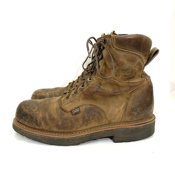 Justin J-Max Steel Toe Work Boots 13D Brown Waterproof Lace Up USA main image 11